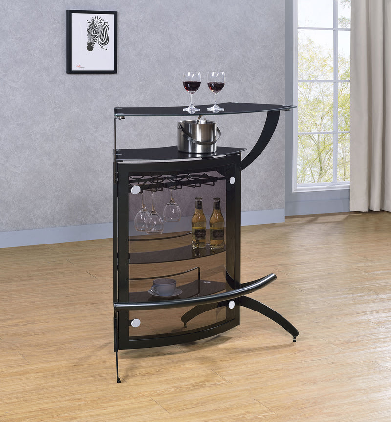 Dallas Curved Home Bar Unit & 3-Piece Bar Set - Smoked Acrylic & Tempered Glass in Black