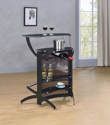 Dallas Curved Home Bar Unit & 3-Piece Bar Set - Smoked Acrylic & Tempered Glass in Black – view 4