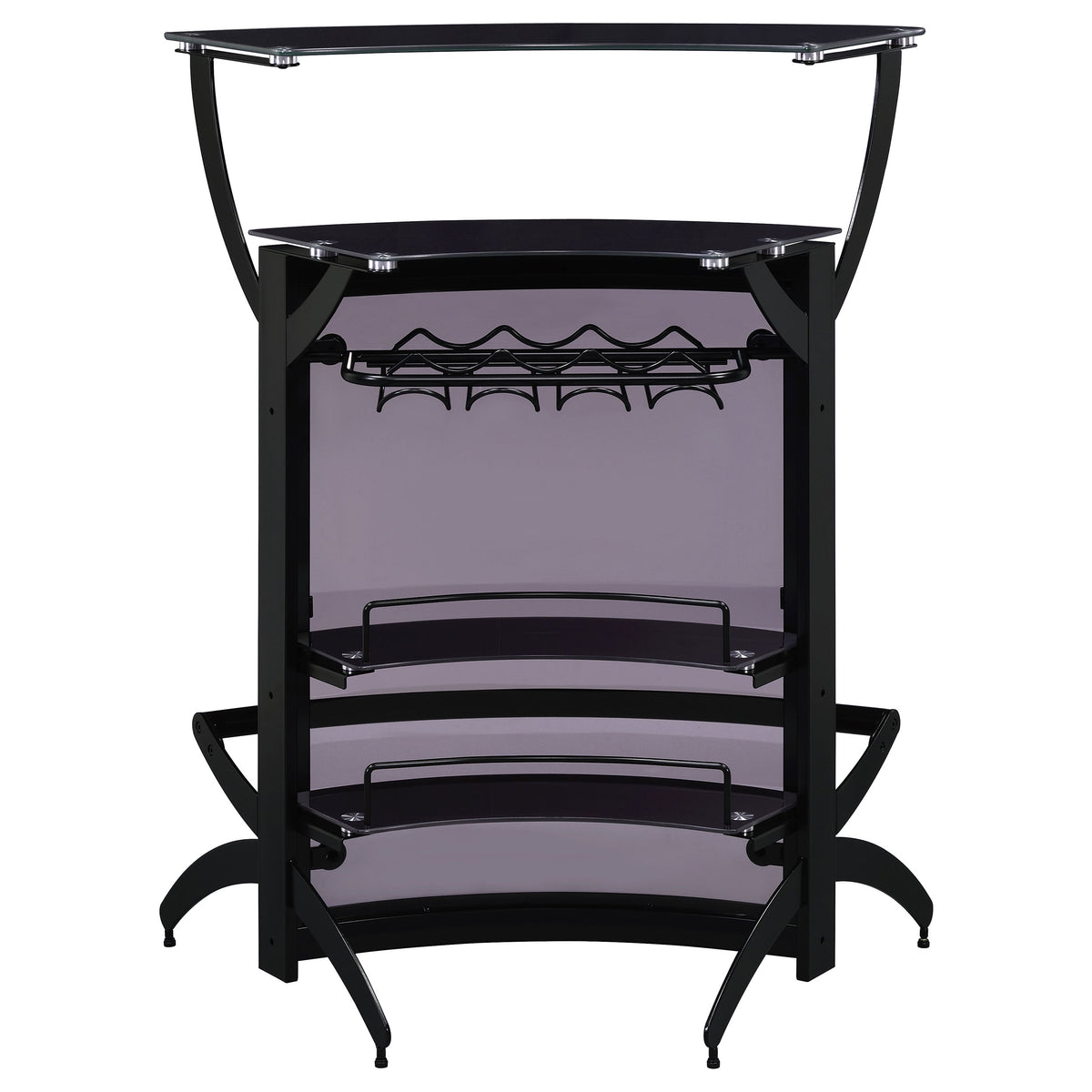 Dallas Curved Home Bar Unit & 3-Piece Bar Set - Smoked Acrylic & Tempered Glass in Black – view 9
