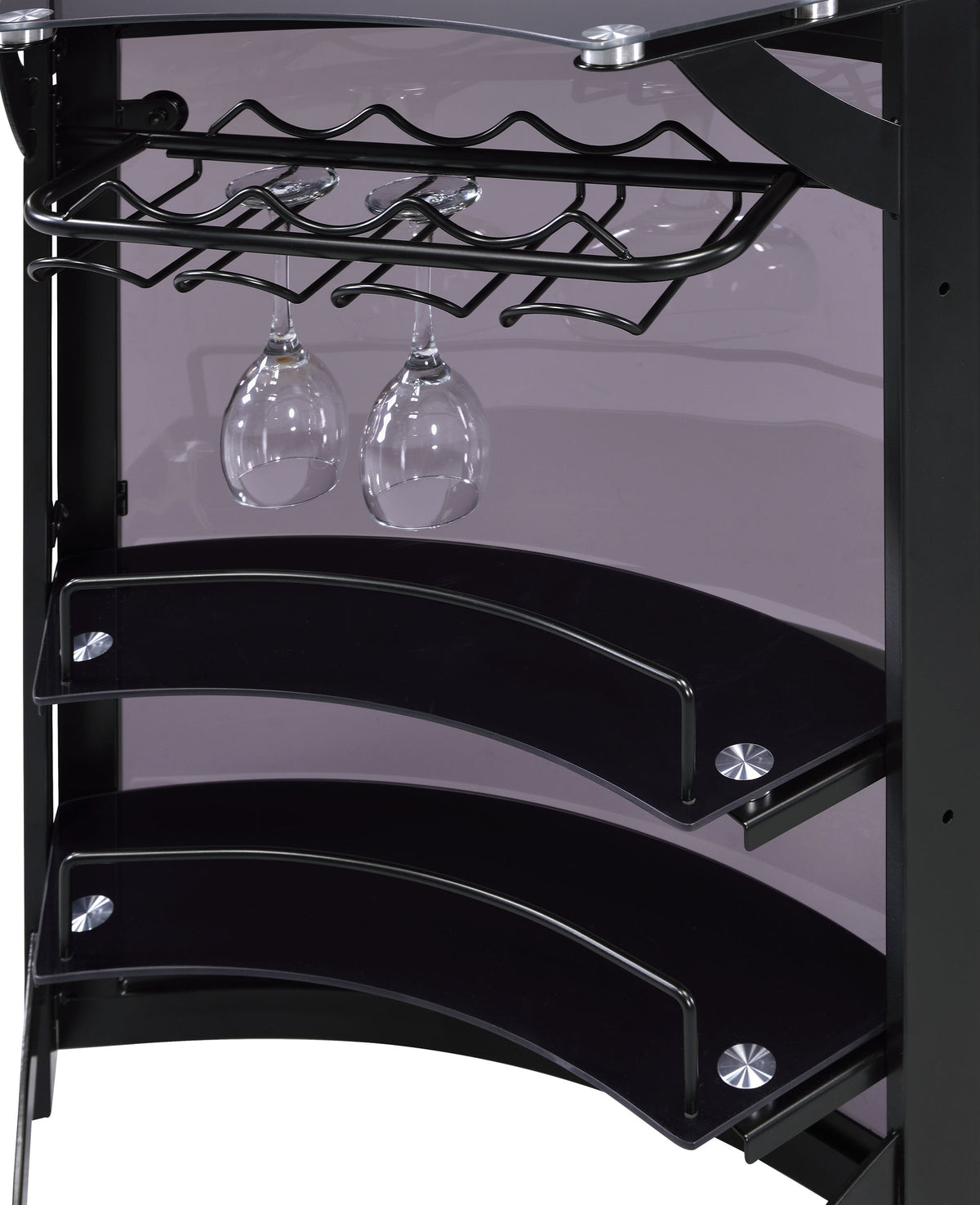 Dallas Curved Home Bar Unit & 3-Piece Bar Set - Smoked Acrylic & Tempered Glass in Black – view 12