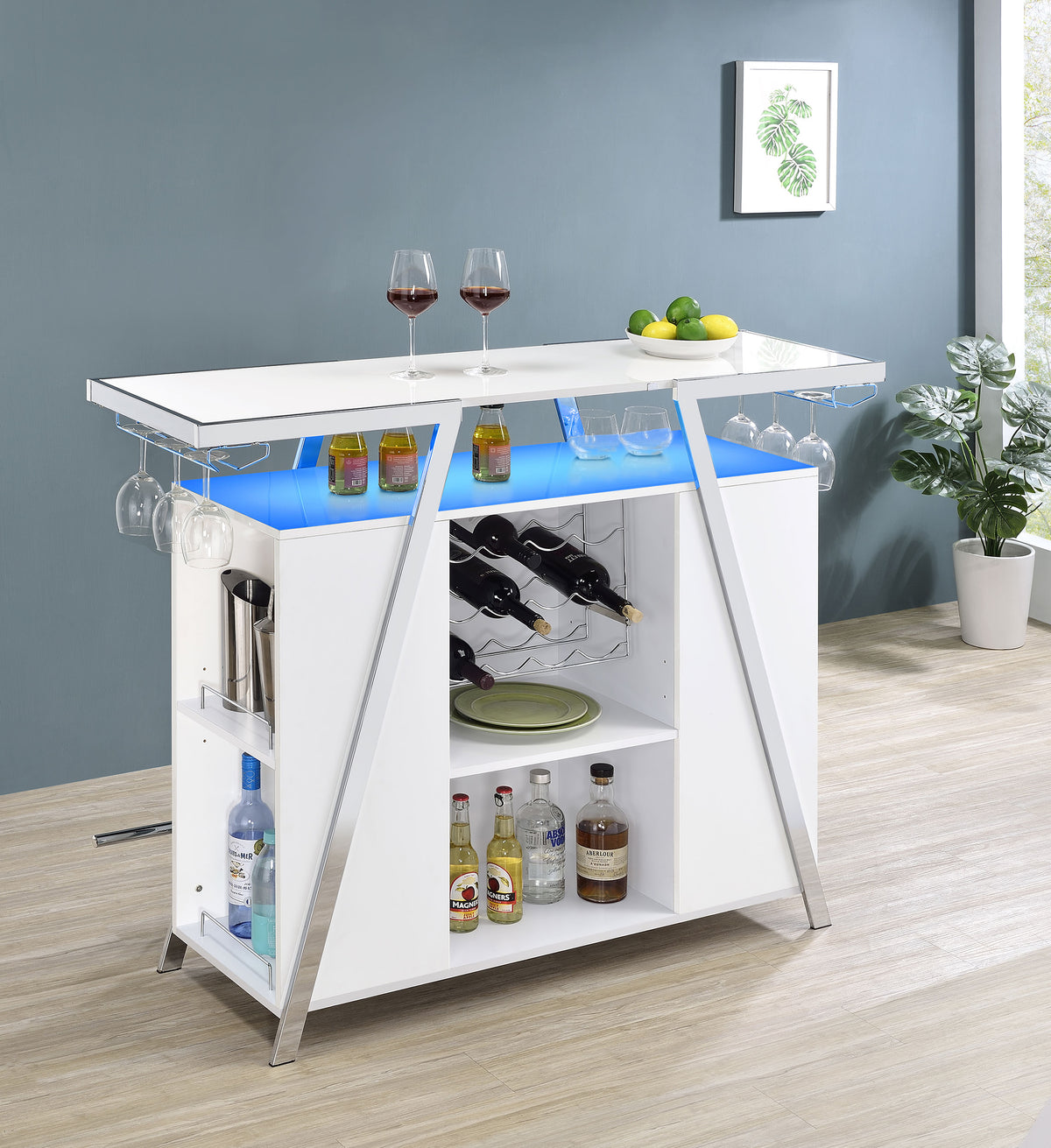 Araceli Freestanding Home Bar Cabinet with Color-Changing LED - White High Gloss & Chrome – view 6