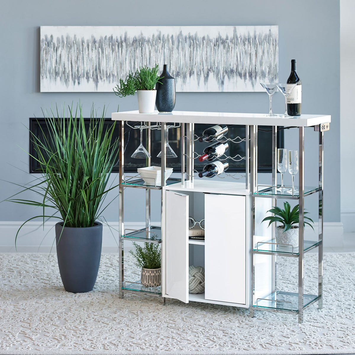 Gallimore 2-Door Bar Cabinet - White High Gloss & Chrome with Wine Storage & Power Outlet – view 1