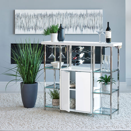 Gallimore 2-Door Bar Cabinet - White High Gloss & Chrome with Wine Storage & Power Outlet – view 1