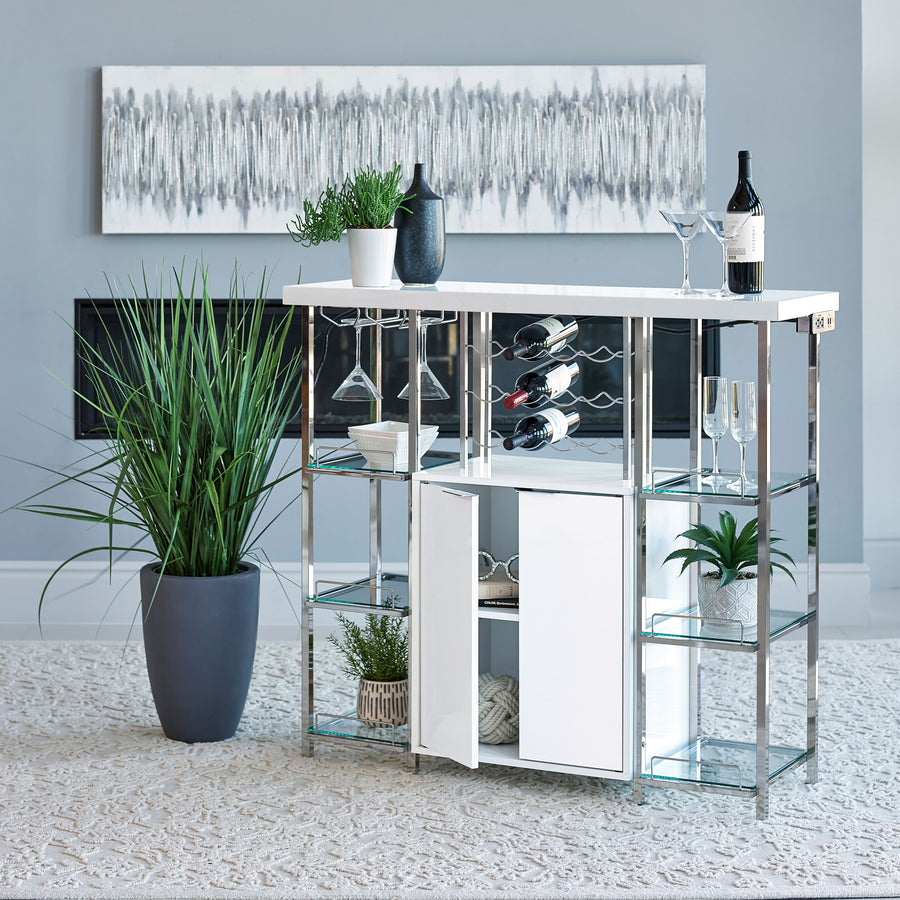 Gallimore 2-Door Bar Cabinet - White High Gloss & Chrome with Wine Storage & Power Outlet