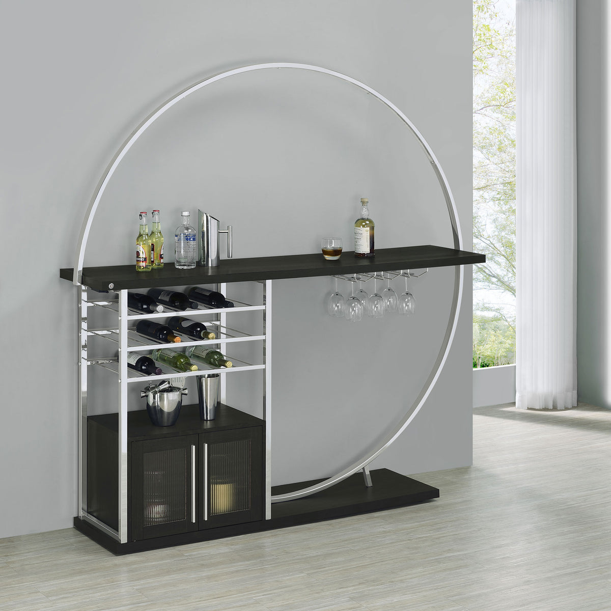 Risley Circular LED Wine Cabinet - 21-Bottle Storage & Stemware Rack in Dark Charcoal & Chrome – view 1