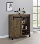 Arlington Sliding Barn Door Bar Cabinet - Farmhouse Wine Storage in Rustic Oak with Black Metal Legs – view 1