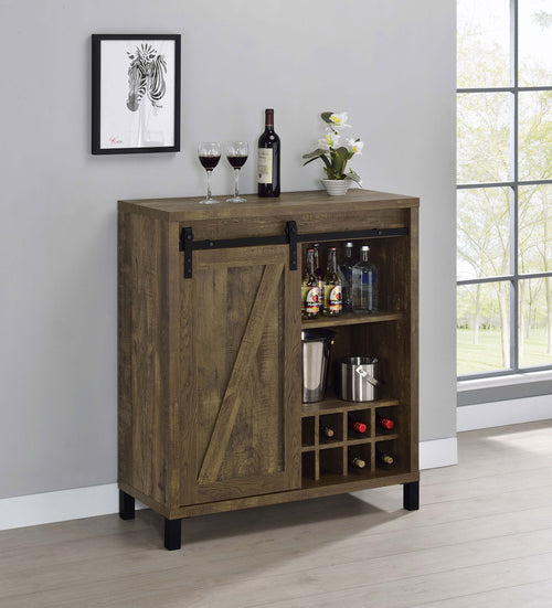 Arlington Sliding Barn Door Bar Cabinet - Farmhouse Wine Storage in Rustic Oak with Black Metal Legs