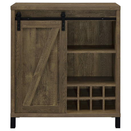 Arlington Sliding Barn Door Bar Cabinet - Farmhouse Wine Storage in Rustic Oak with Black Metal Legs – view 3