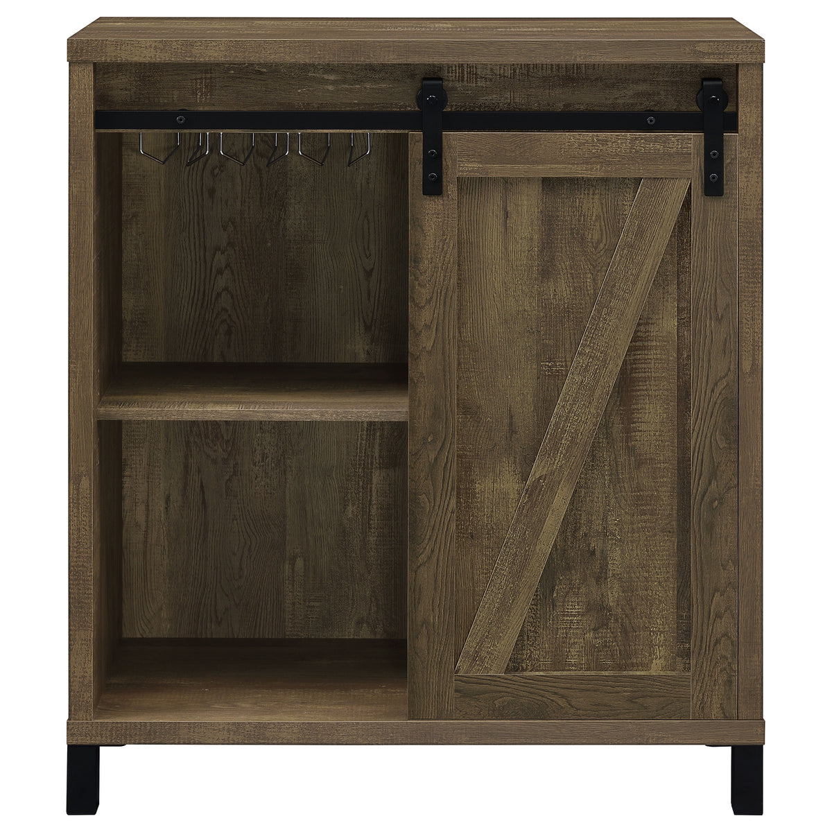 Arlington Sliding Barn Door Bar Cabinet - Farmhouse Wine Storage in Rustic Oak with Black Metal Legs – view 4