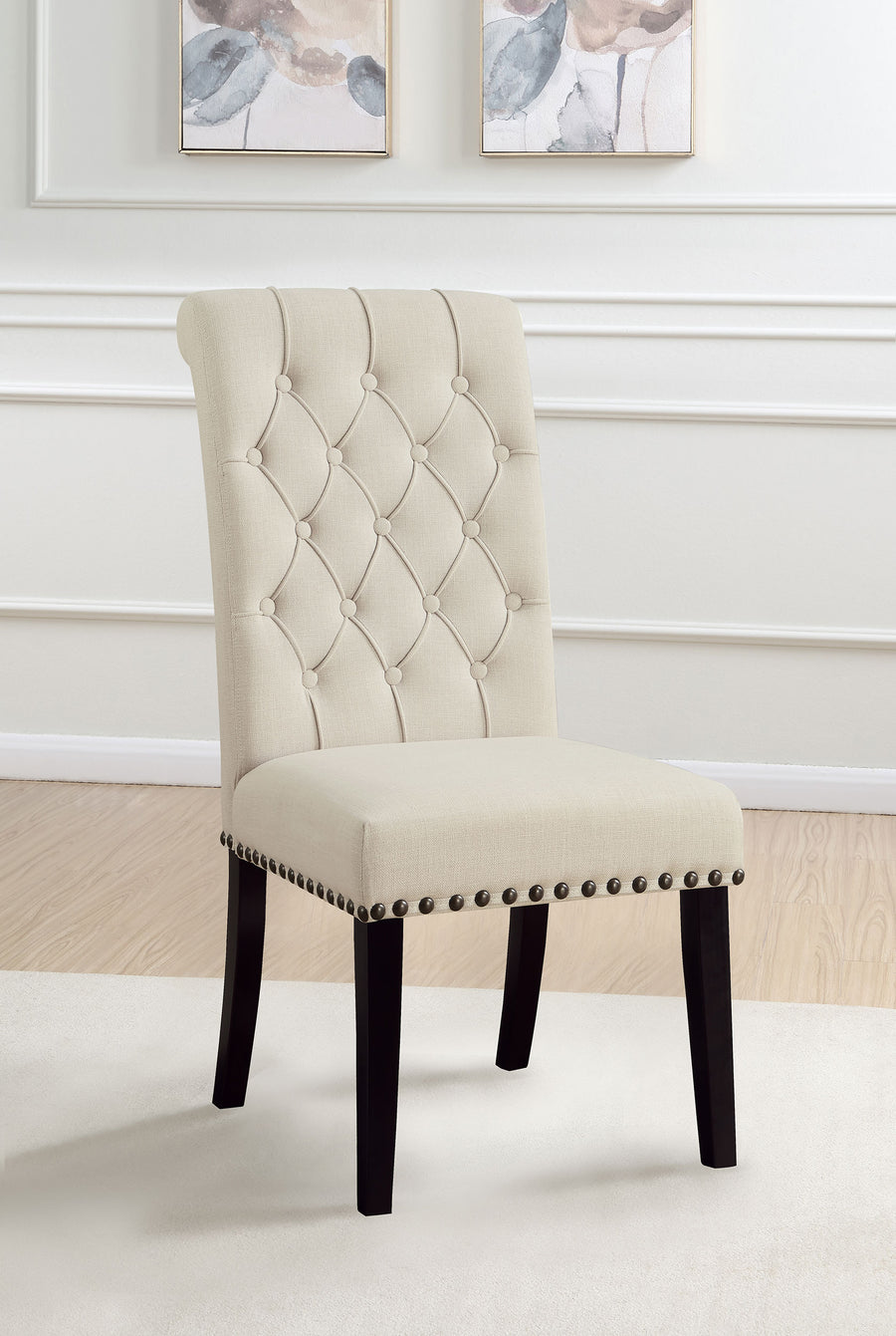 Alana Button-Tufted Dining Side Chairs, Set of 2 - Beige Linen-Like Fabric with Copper Nailhead Trim