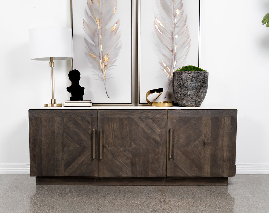 Dennis 72" Marble Top Sideboard - Checkerboard Mango Wood Doors in Tobacco Grey with Brass Pulls