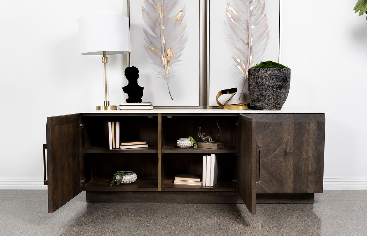 Dennis 72" Marble Top Sideboard - Checkerboard Mango Wood Doors in Tobacco Grey with Brass Pulls – view 3