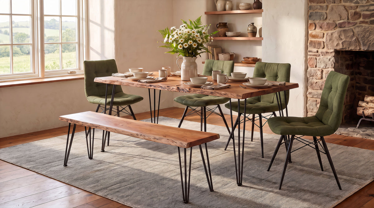Sherman 71" Live Edge Acacia Dining Table & 60" Bench - Industrial Gunmetal Hairpin Legs – view 8