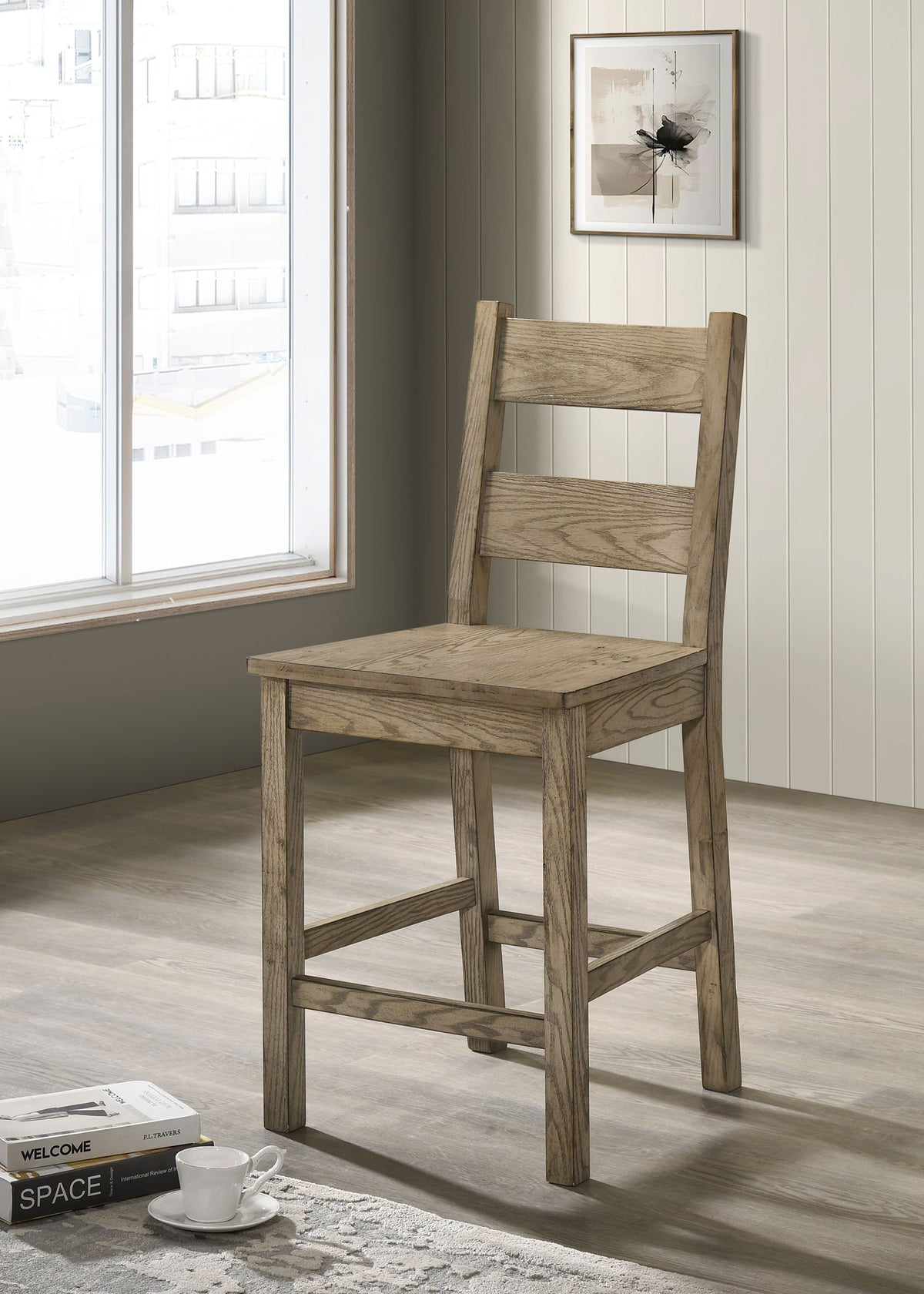 Cardova Square Counter Height Dining Table & Set - Rustic Vineyard Oak with Ladder-Back Chairs - lifestyle