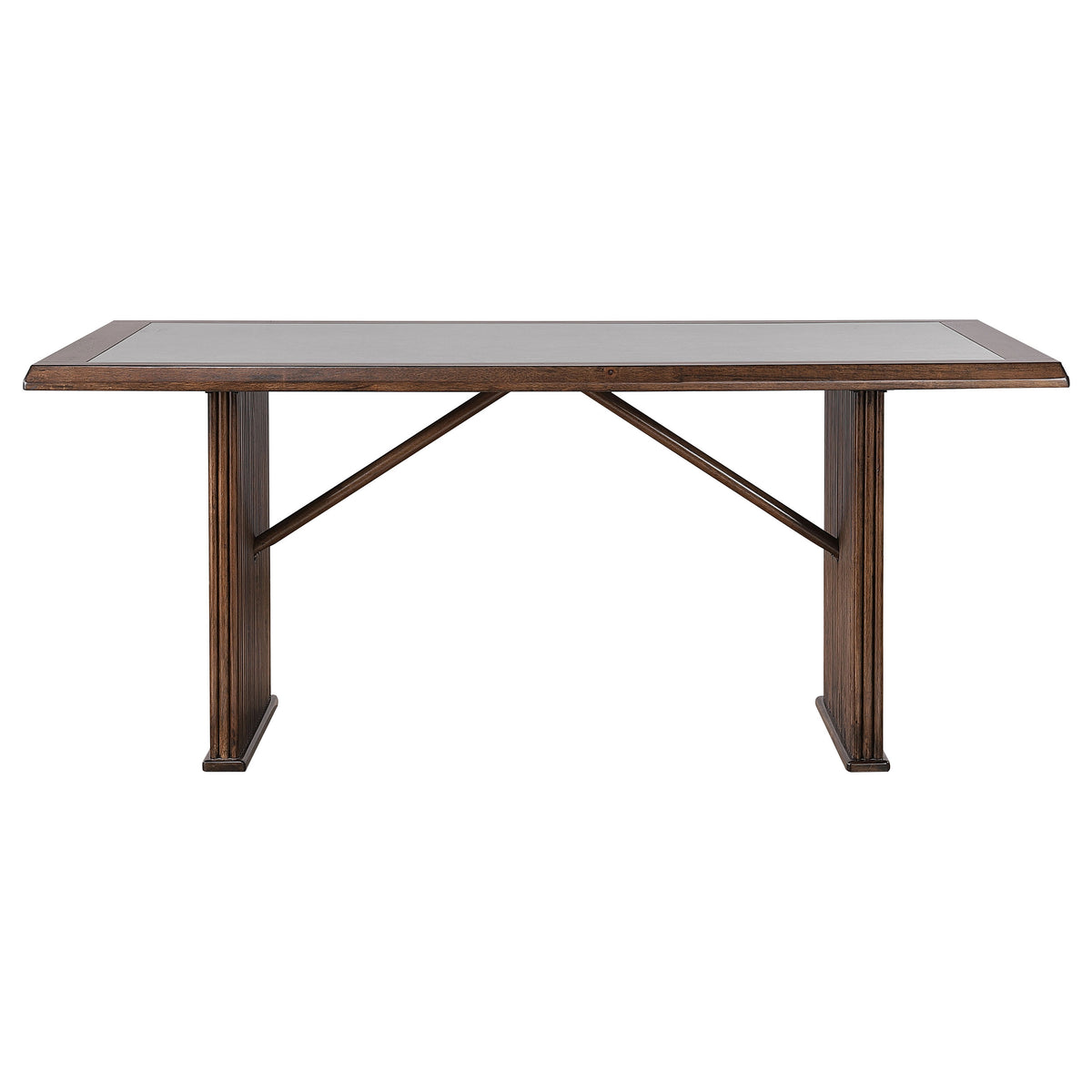 Sherwood 72" Reeded Dining Table & Sets - Stone Top on Brown Rubberwood Base with Grey Upholstered Chairs – view 6