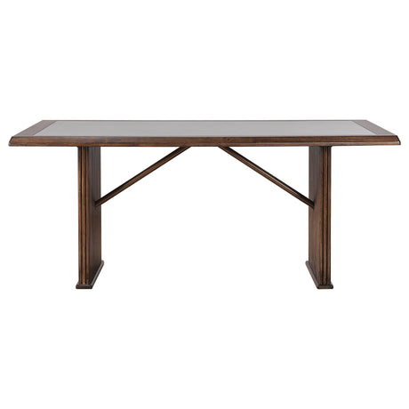 Sherwood 72" Reeded Dining Table & Sets - Stone Top on Brown Rubberwood Base with Grey Upholstered Chairs – view 6