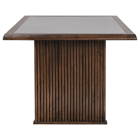 Sherwood 72" Reeded Dining Table & Sets - Stone Top on Brown Rubberwood Base with Grey Upholstered Chairs – view 7