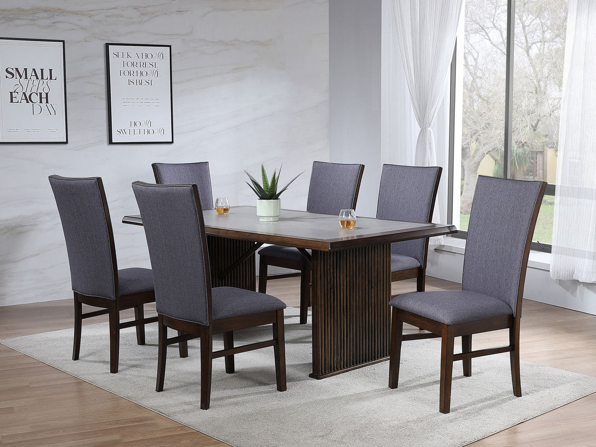 Sherwood 72" Reeded Dining Table & Sets - Stone Top on Brown Rubberwood Base with Grey Upholstered Chairs – view 11