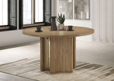 Adina Round Pedestal or Extension Dining Table & Sets - Reeded Base in Distressed Light Brown with Barley Chairs – view 1