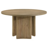 Adina Round Pedestal or Extension Dining Table & Sets - Reeded Base in Distressed Light Brown with Barley Chairs – view 17