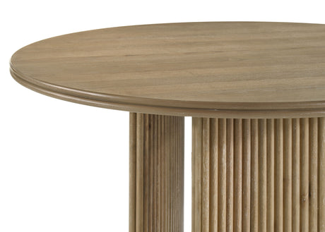 Adina Round Pedestal or Extension Dining Table & Sets - Reeded Base in Distressed Light Brown with Barley Chairs – view 19