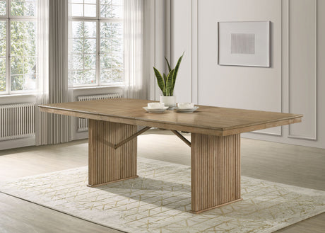 Adina Round Pedestal or Extension Dining Table & Sets - Reeded Base in Distressed Light Brown with Barley Chairs - lifestyle