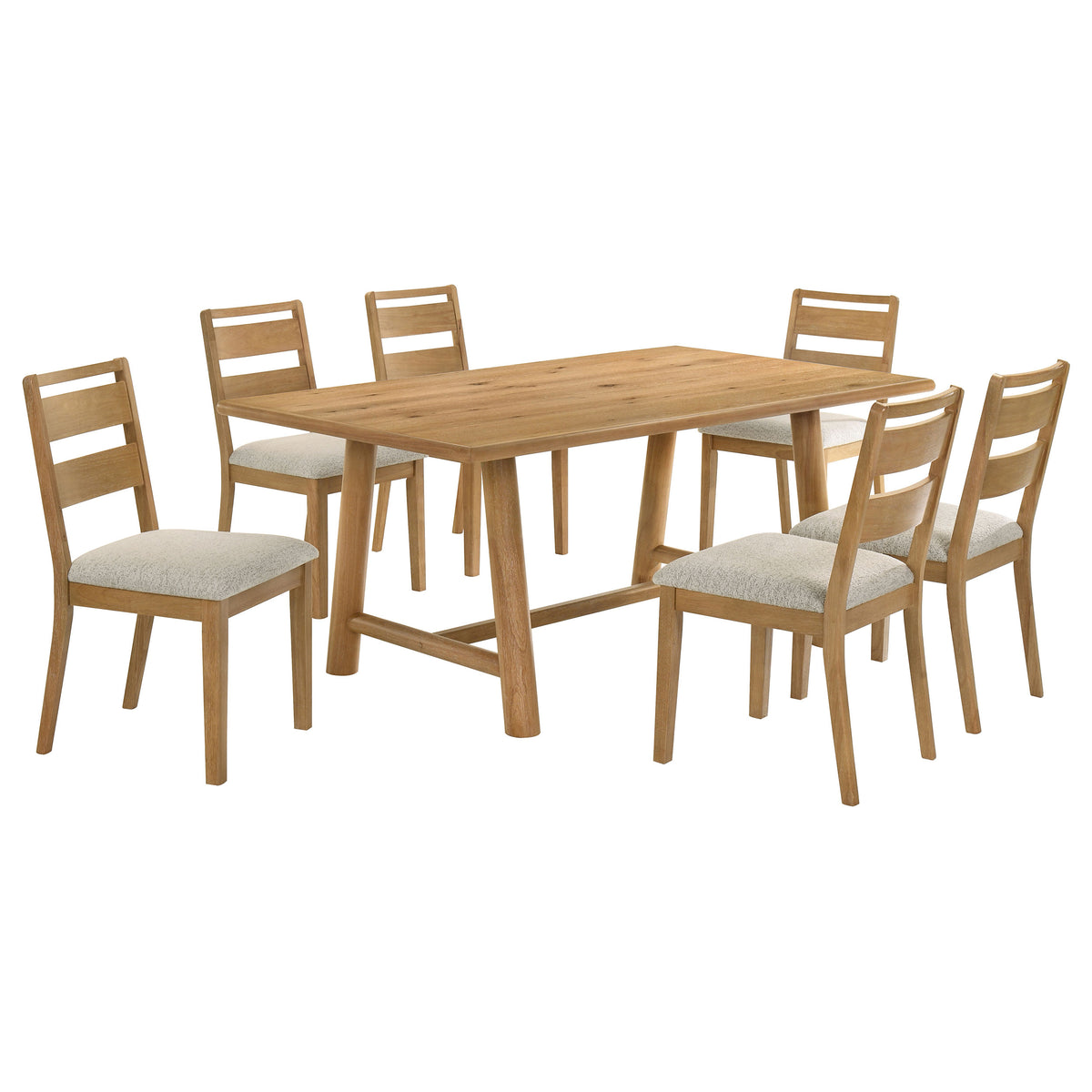 Duncan 71" Trestle Dining Table & 7-Piece Set - Washed Oak with Oatmeal Boucle Ladder-Back Chairs – view 14