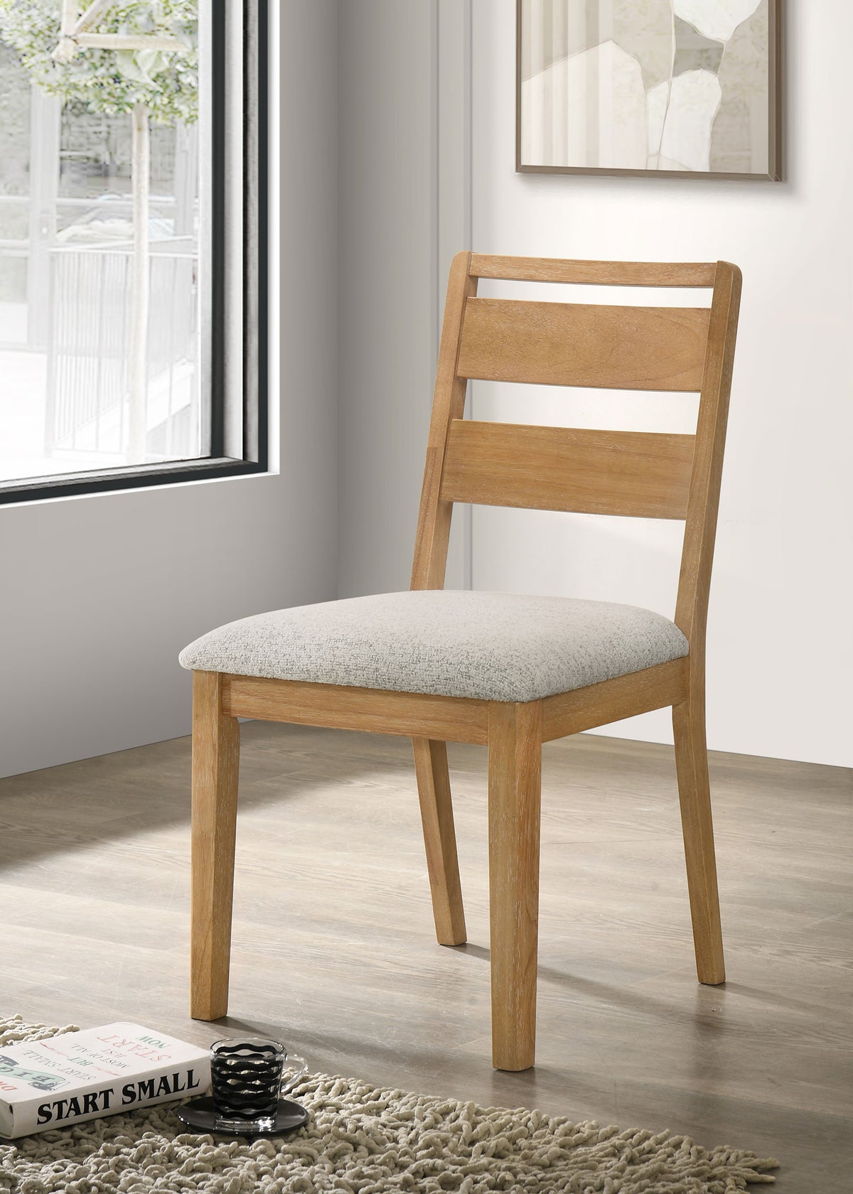 Duncan 71" Trestle Dining Table & 7-Piece Set - Washed Oak with Oatmeal Boucle Ladder-Back Chairs - lifestyle