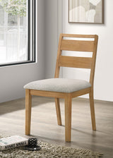 Duncan 71" Trestle Dining Table & 7-Piece Set - Washed Oak with Oatmeal Boucle Ladder-Back Chairs - lifestyle