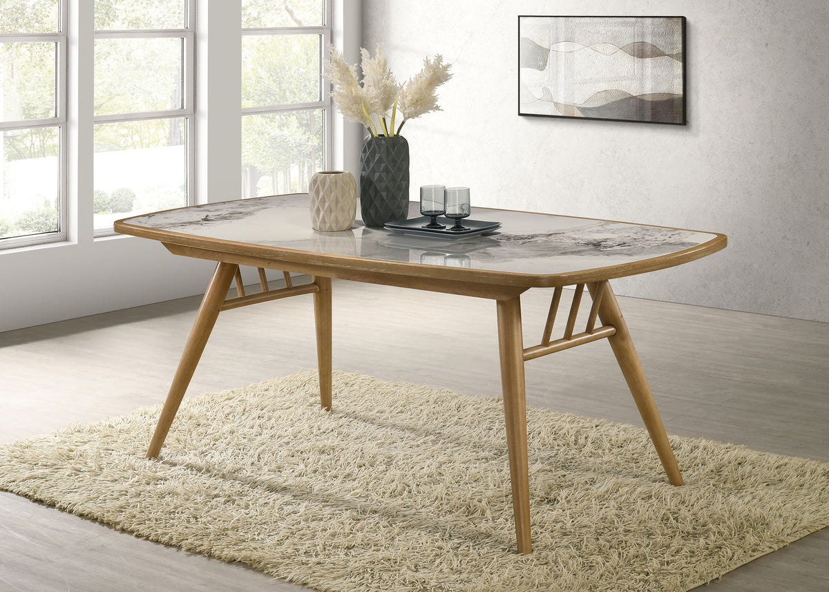 Croyden 73" Dining Table & 7-Piece Set - Ceramic Marble-Look Inlay Top with Grey Upholstered Chairs in Weathered Natural – view 1