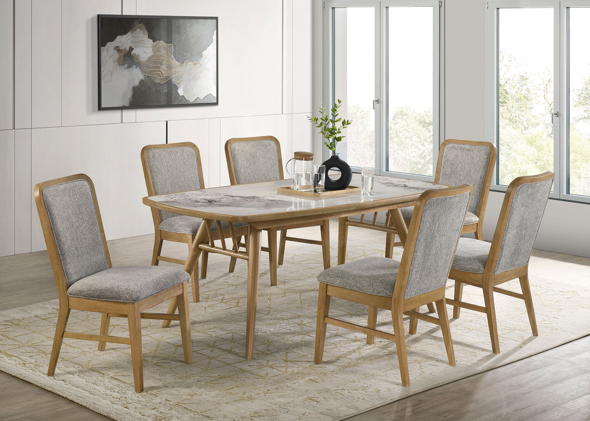 Croyden 73" Dining Table & 7-Piece Set - Ceramic Marble-Look Inlay Top with Grey Upholstered Chairs in Weathered Natural – view 13