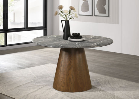 Franklin 50" Round Pedestal Dining Table & Set - Grey Stone-Look Top with Upholstered Side Chairs – view 1