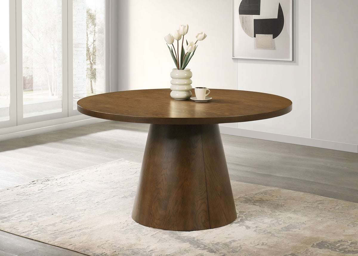 Benford 54" Round Pedestal Dining Table & 5-Piece Set - Mid-Century Dark Brown with Curved-Back Chairs – view 1