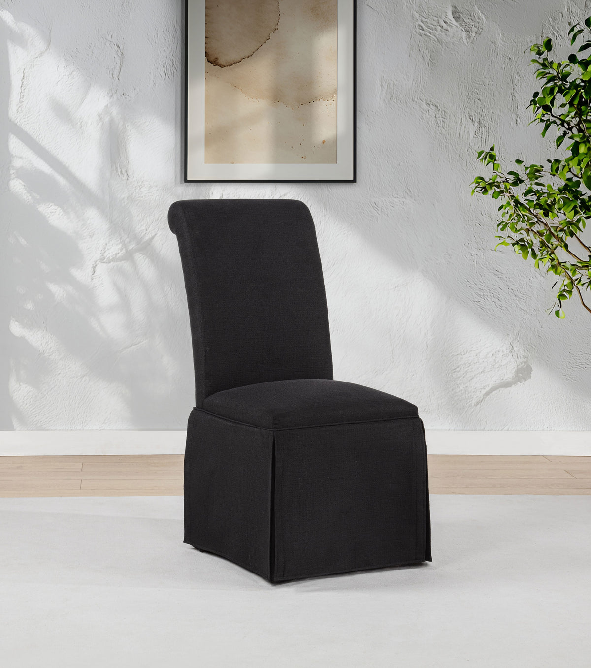 Shawna Skirted Parson Dining Chairs (Set of 2) - Tall Rolled-Top Back in Black or White Fabric – view 1