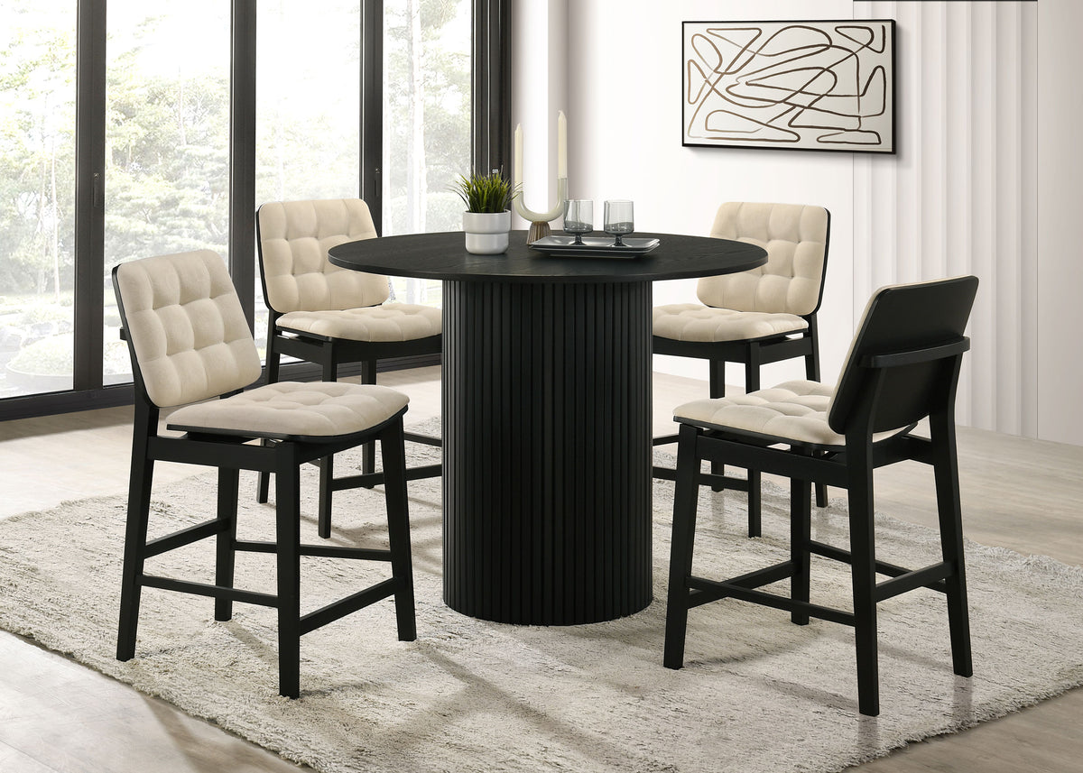 Hamlyn 43" Round Counter Height Dining Table & 5-Piece Sets - 5pcs- Table + 4 Cream Velvet Channel-Tufted Chairs