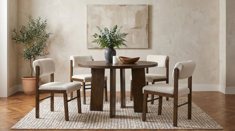 Strouse 47" Round Pedestal Dining Table & 5-Piece Sets - 5pcs- Table + 4 Cream Upholstered Chairs