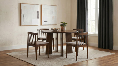 Strouse 47" Round Pedestal Dining Table & 5-Piece Sets - Walnut with Spindle, Upholstered or Velvet Chairs – view 14