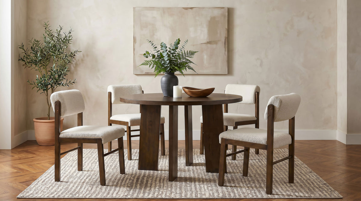 Strouse 47" Round Pedestal Dining Table & 5-Piece Sets - Walnut with Spindle, Upholstered or Velvet Chairs – view 15