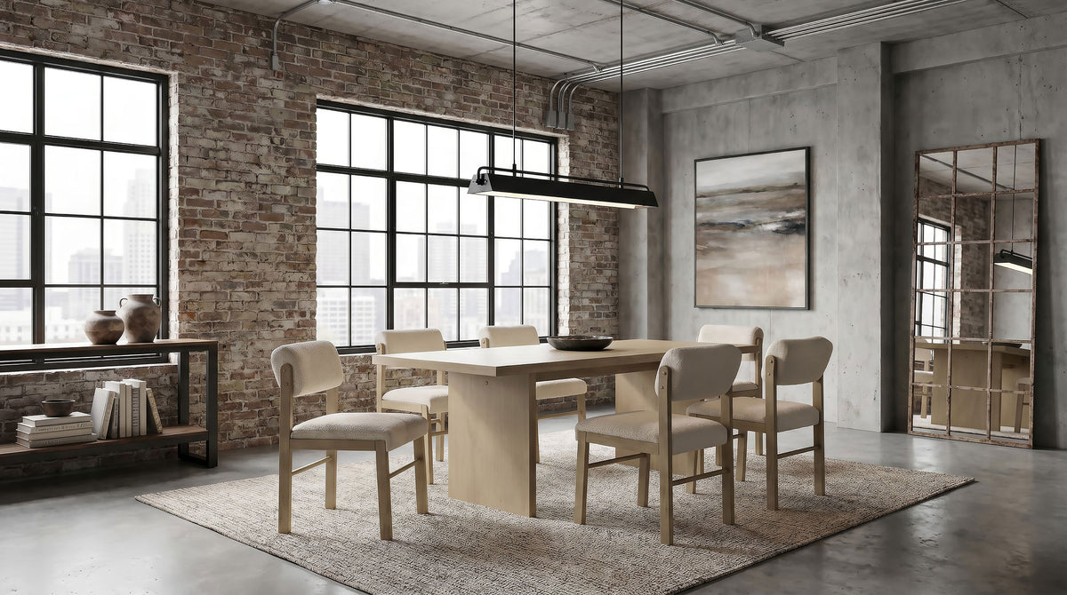 Decker 82" Slab-Top Dining Table & 7-Piece Sets - Natural Oak with Cream, Black or Grey Upholstered Chairs – view 13