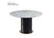 FOAK Luna circular dining table with white marble-inspired top and gold-accented pedestal base.