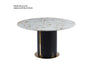 FOAK Luna circular dining table with white marble-inspired top and gold-accented pedestal base.