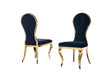 Margo dining chair set featuring navy blue velvet upholstery and gold stainless steel legs against a neutral background.
