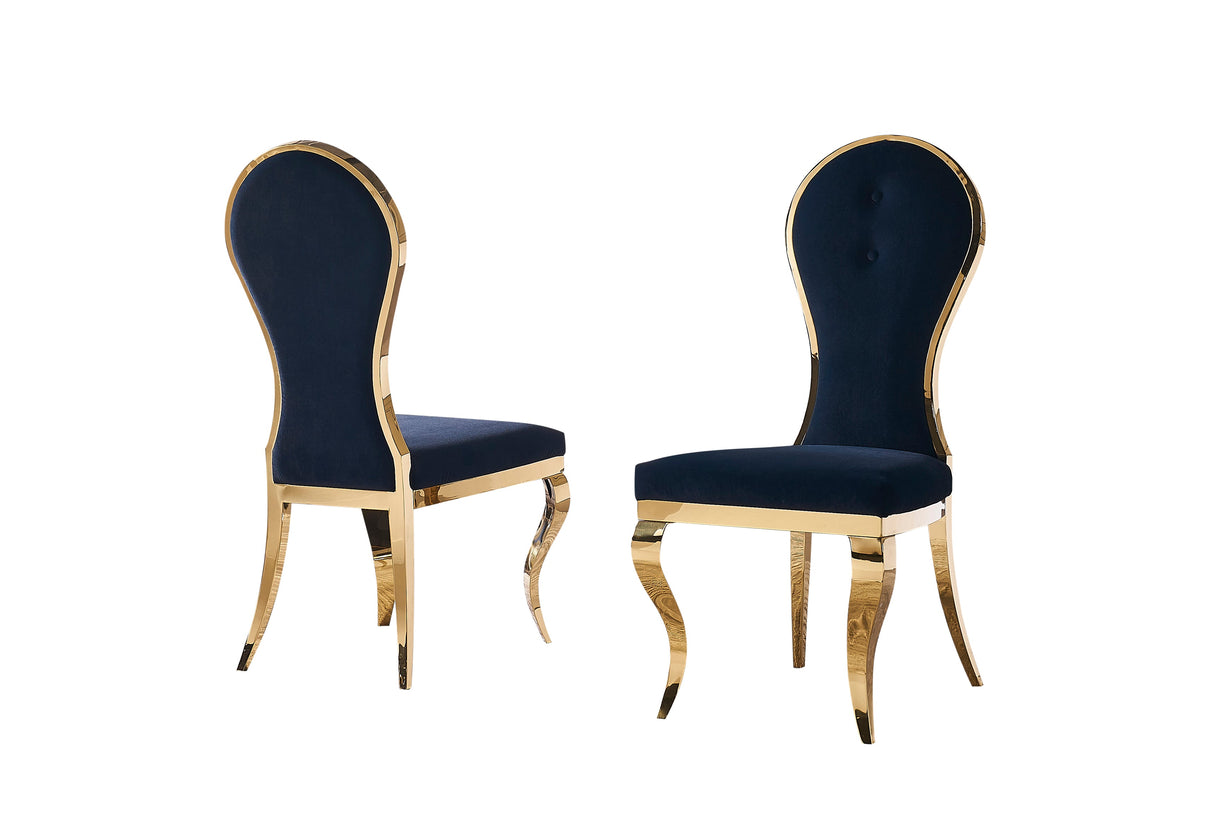 Margo dining chair set featuring navy blue velvet upholstery and gold stainless steel legs against a neutral background.