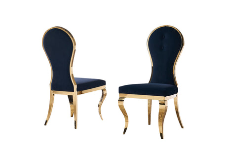 Margo dining chair set featuring navy blue velvet upholstery and gold stainless steel legs against a neutral background.