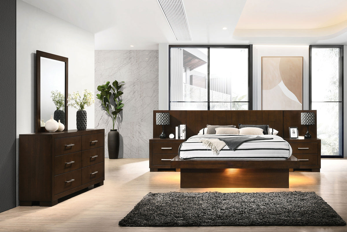 Jessica LED Platform Bed & Bedroom Sets - 5pcs- Eastern King LED Panel Bed + 2 Nightstands + Dresser + Mirror, with Back Panels