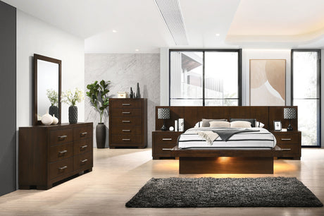 Jessica LED Platform Bed & Bedroom Sets - 6pcs- Eastern King LED Panel Bed + 2 Nightstands + Dresser + Mirror + Chest, with Back Panels