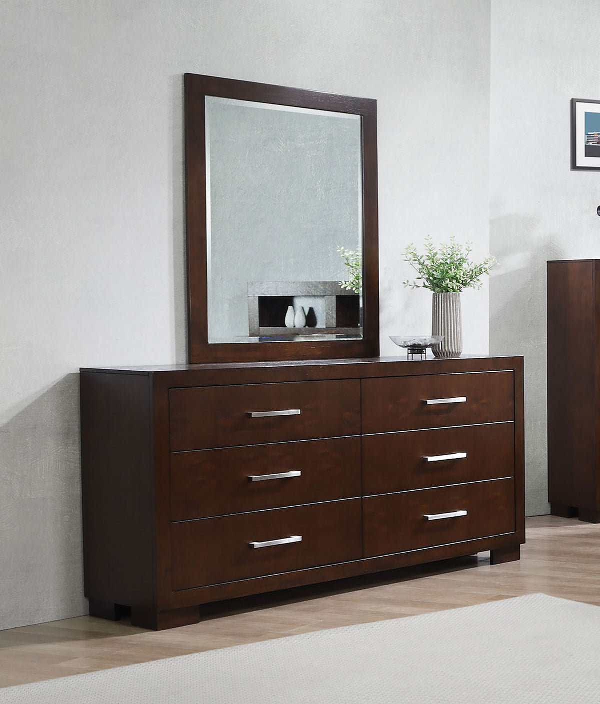 Jessica LED Platform Bed & Bedroom Sets - Panel or Bookcase Headboard in Cappuccino with Silver-Tone Pulls - lifestyle
