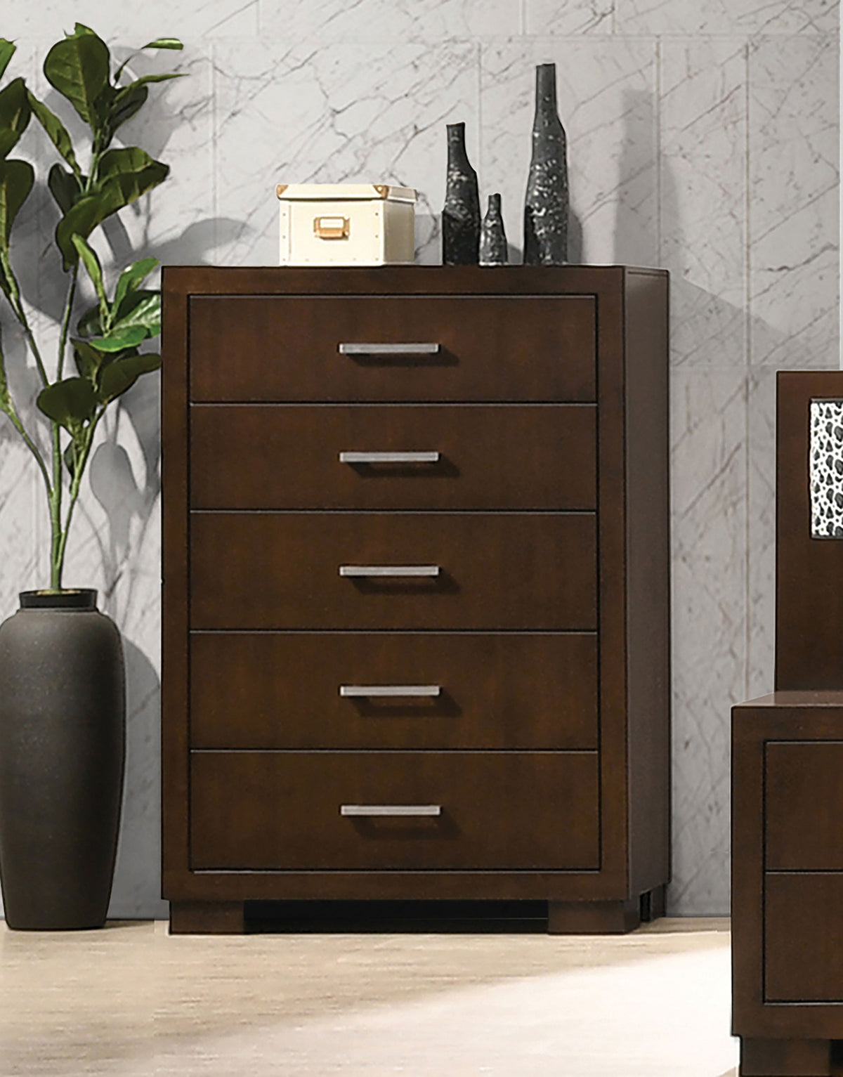 Jessica LED Platform Bed & Bedroom Sets - Panel or Bookcase Headboard in Cappuccino with Silver-Tone Pulls - lifestyle
