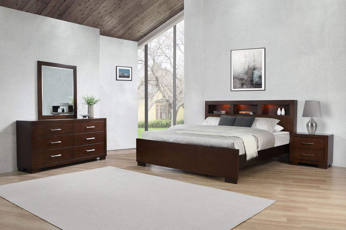 Jessica LED Platform Bed & Bedroom Sets - 4pcs- California King LED Bookcase Bed + Nightstand + Dresser + Mirror