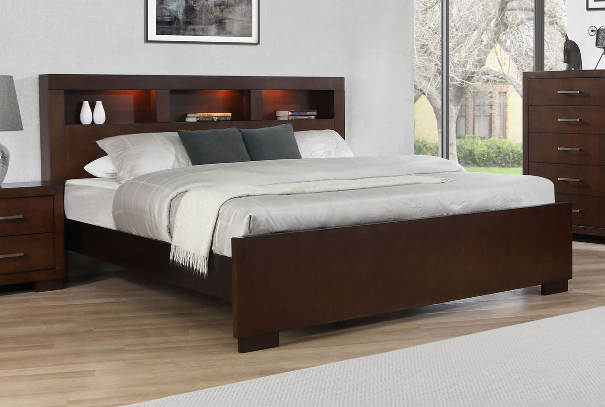 Jessica LED Platform Bed & Bedroom Sets - Panel or Bookcase Headboard in Cappuccino with Silver-Tone Pulls - lifestyle